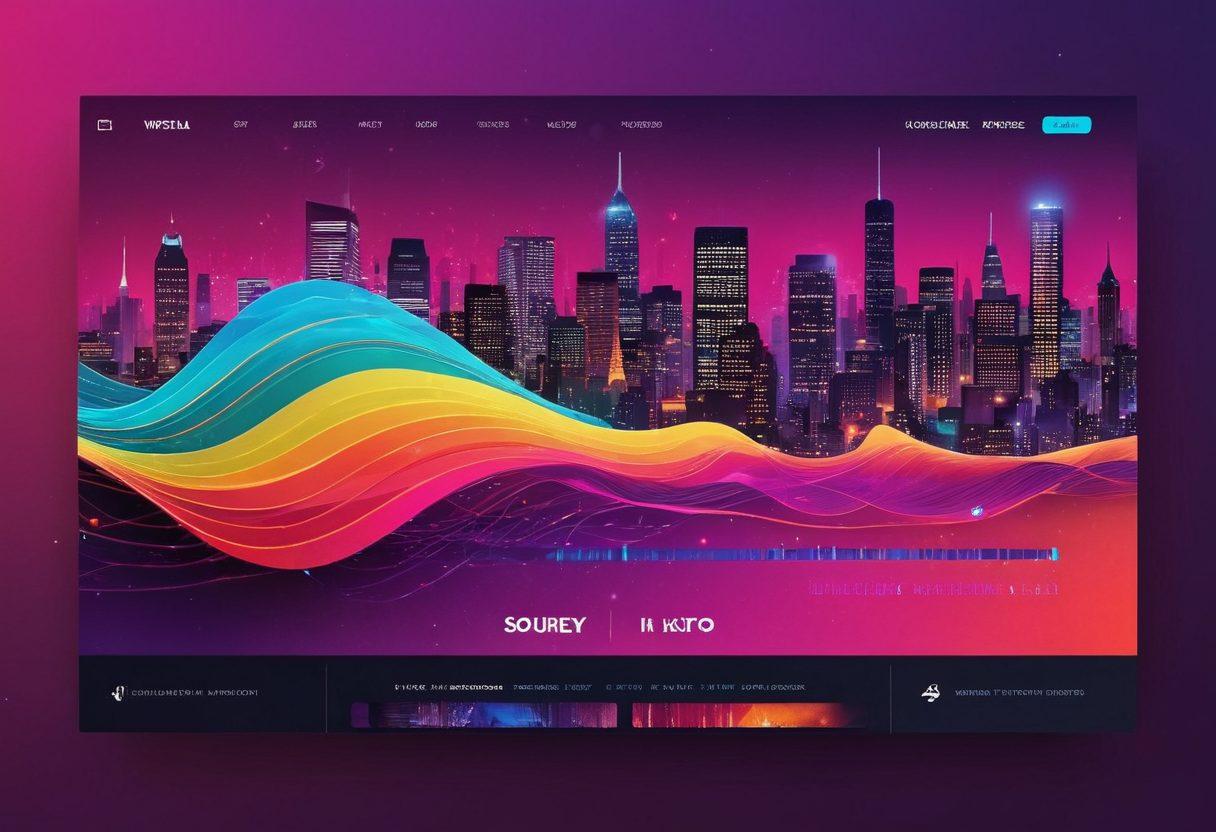 A sleek modern website interface showcasing vibrant album covers and dynamic sound wave graphics. Include a visually engaging playlist section with floating music notes and a user-friendly navigation bar. Add a background of city lights symbolizing a vibrant nightlife, with a subtle hint of digital elements representing streaming technology. super-realistic. vibrant colors. 3D.